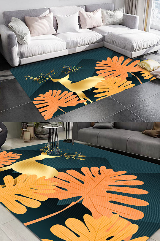 热带植物叶子客厅地毯-众图网