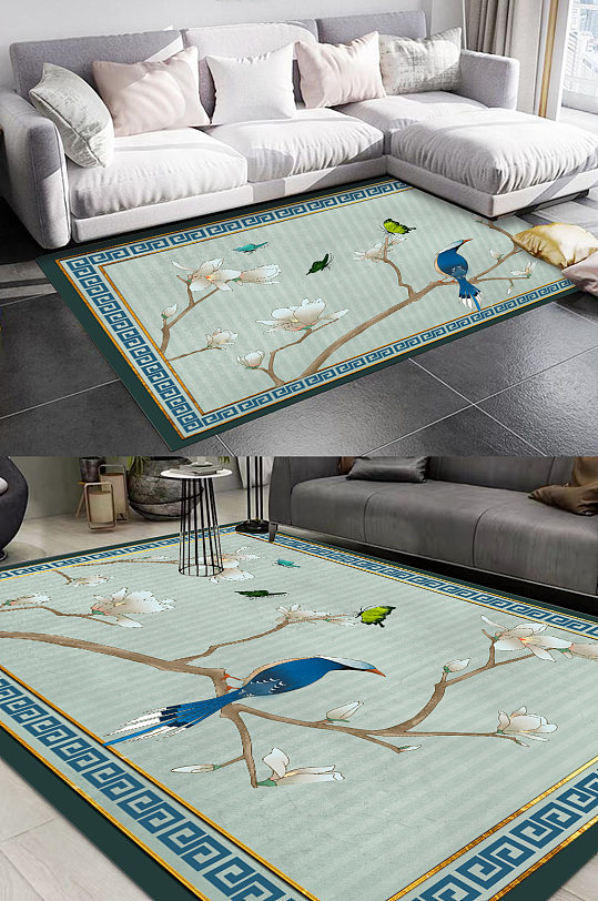 中式复古地毯工笔花鸟