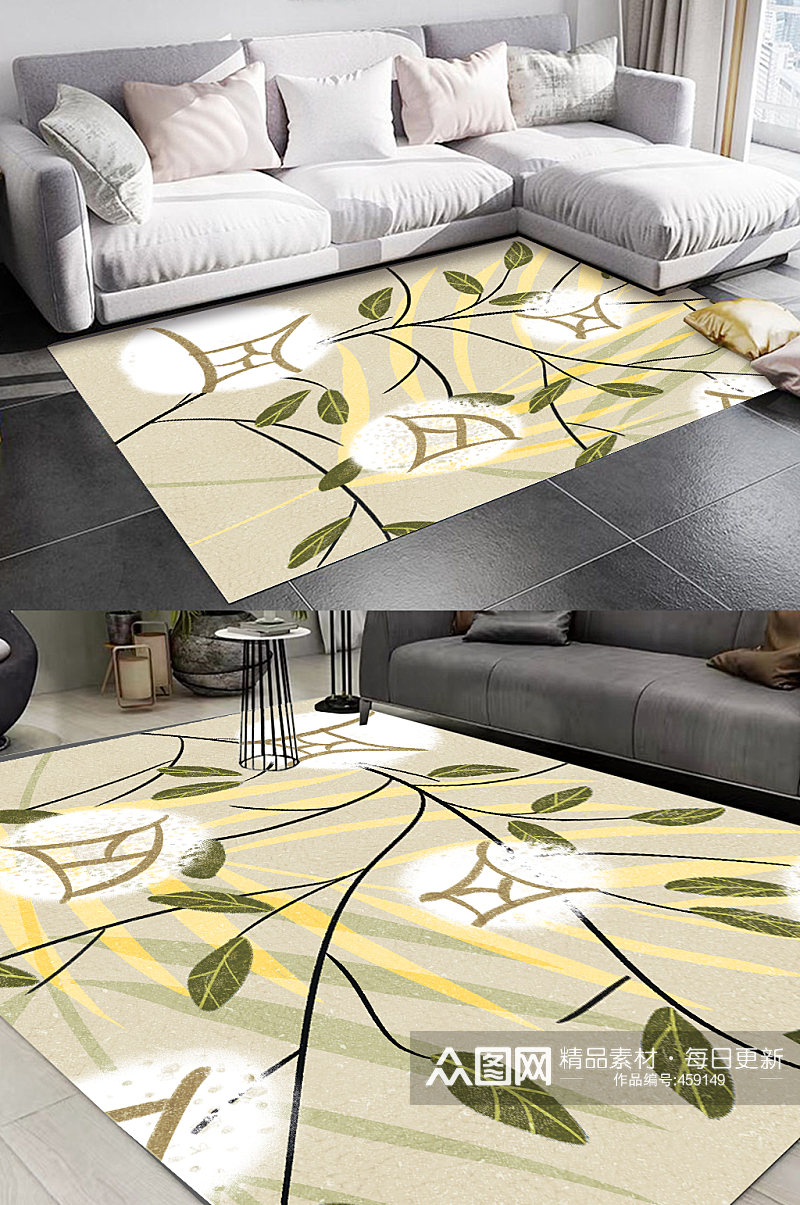 中式复古地毯植物花纹地毯素材