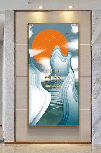麋鹿山水玄关装饰画