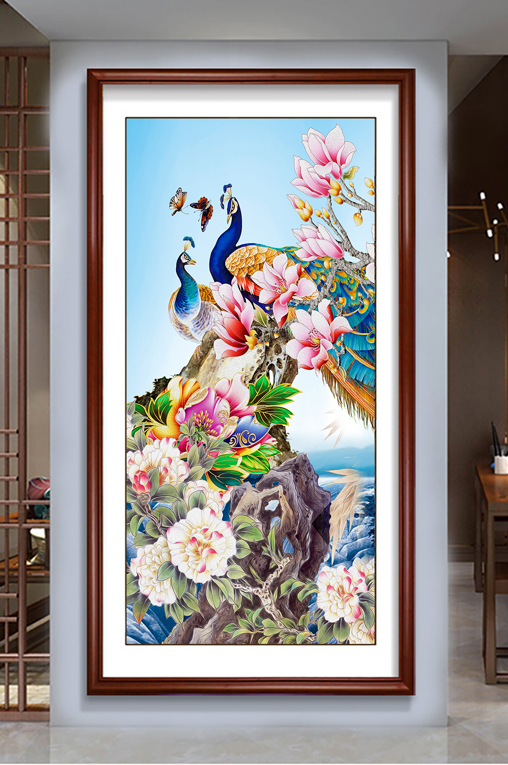 富贵牡丹孔雀图玄关装饰画素材