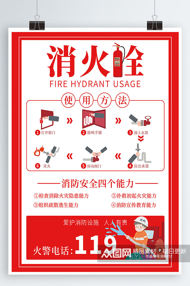 消防栓使用方法预防火灾宣传展板海报素材