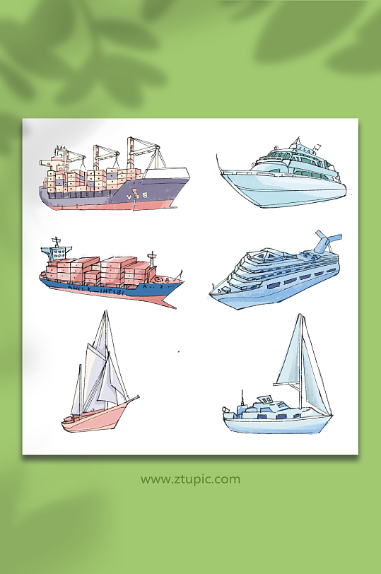 水彩手绘轮船帆船交通元素插画