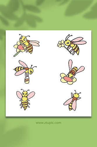 简约手绘春天采蜜蜜蜂昆虫元素插画