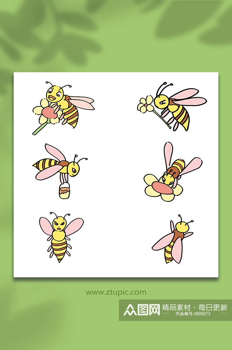 简约手绘春天采蜜蜜蜂昆虫元素插画素材