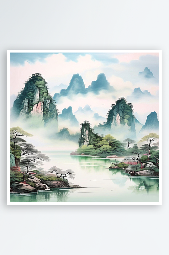 中国风山水AI绘画设计素材背景图片