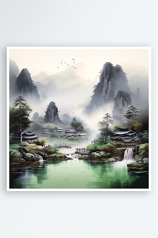 中国风水墨山水画AI绘画素材背景元素