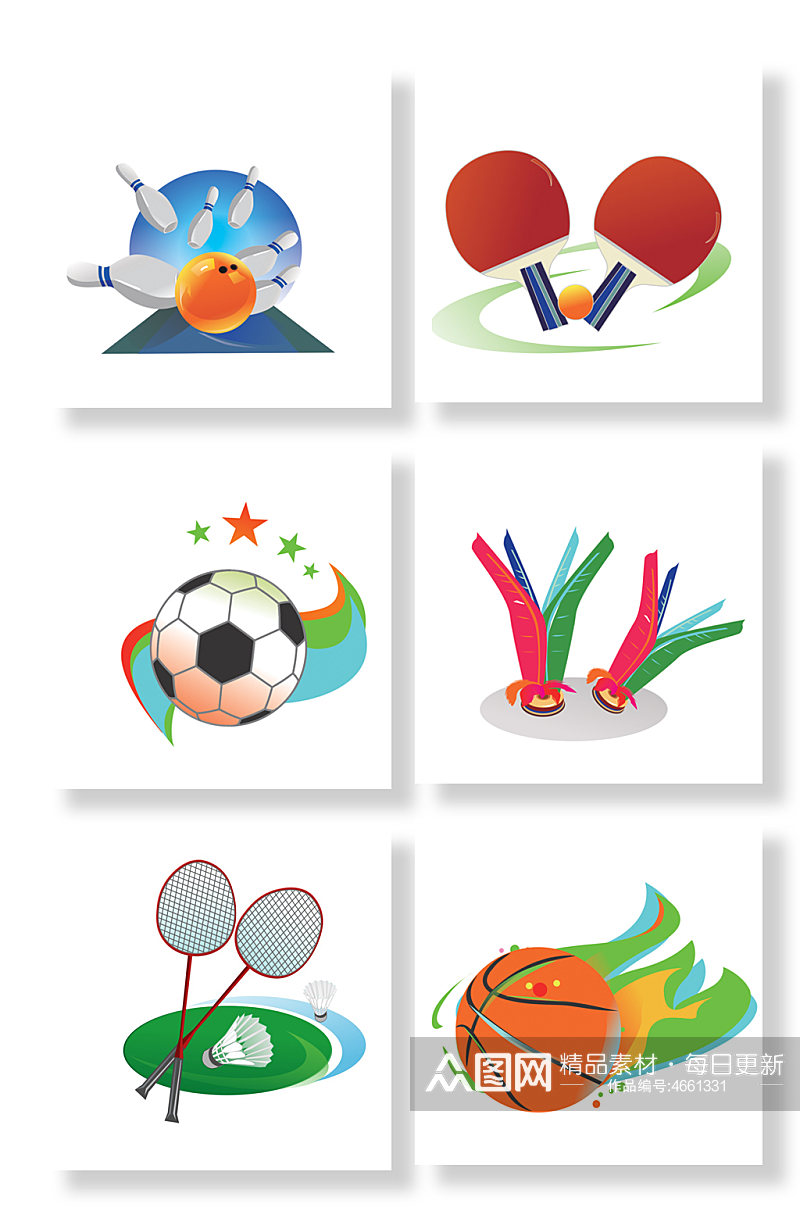 足球篮球乒乓球体育运动器材物品元素插画素材
