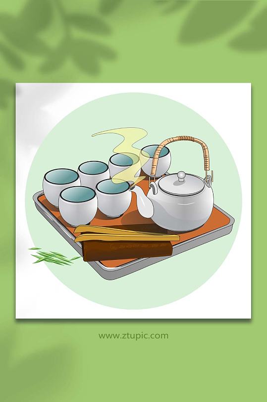 茶壶茶杯茶具用品元素插画-众图网