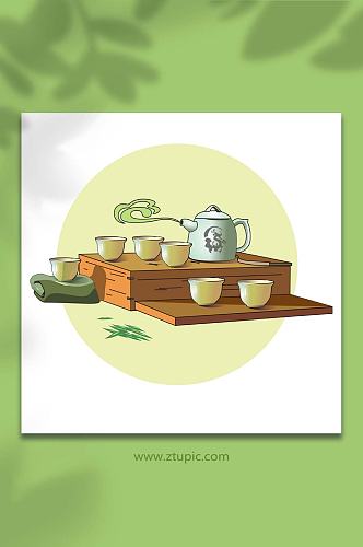 手绘茶杯茶具整套茶具物品元素插画