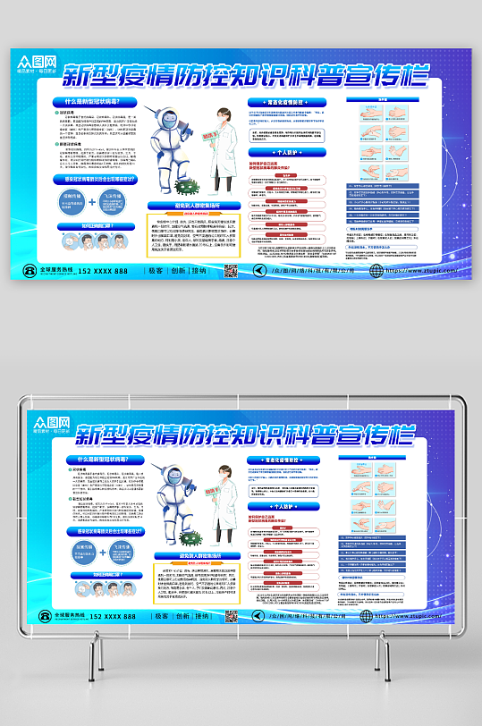 蓝色防控新冠肺炎防疫科普知识宣传栏展板