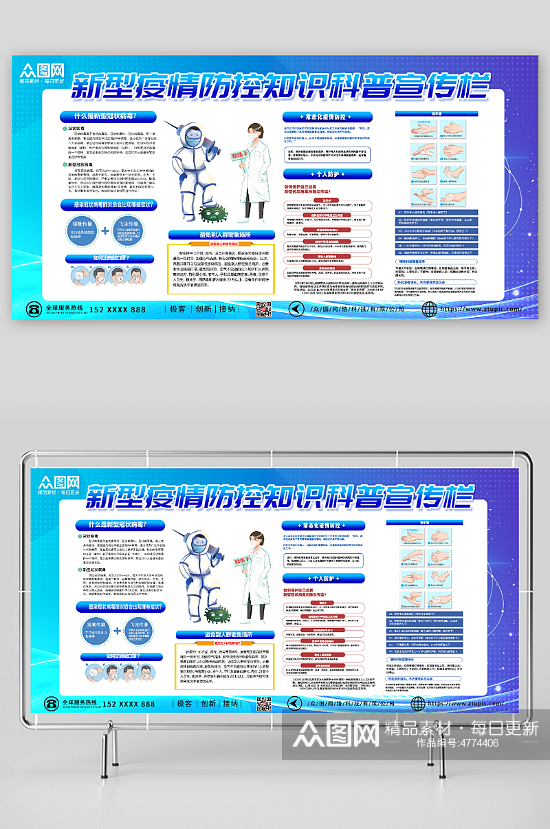 蓝色防控新冠肺炎防疫科普知识宣传栏展板素材