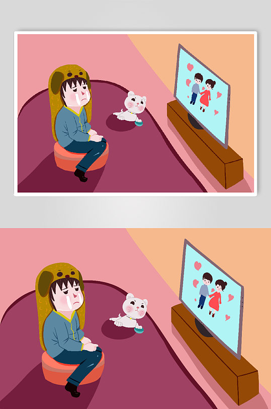 单身狗男人和小猫在看电视光棍节插画