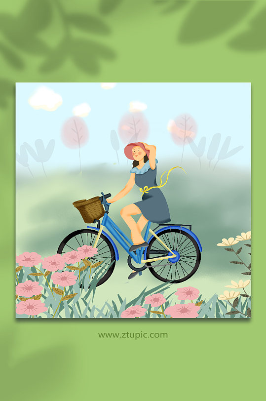 骑自行车女孩春游踏青游玩自然人物插画