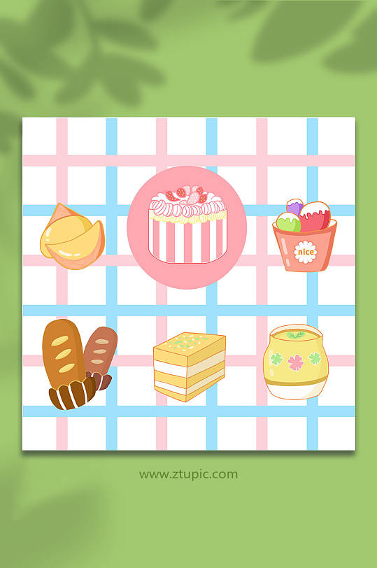 马卡龙色系扁平化甜食零食元素插画
