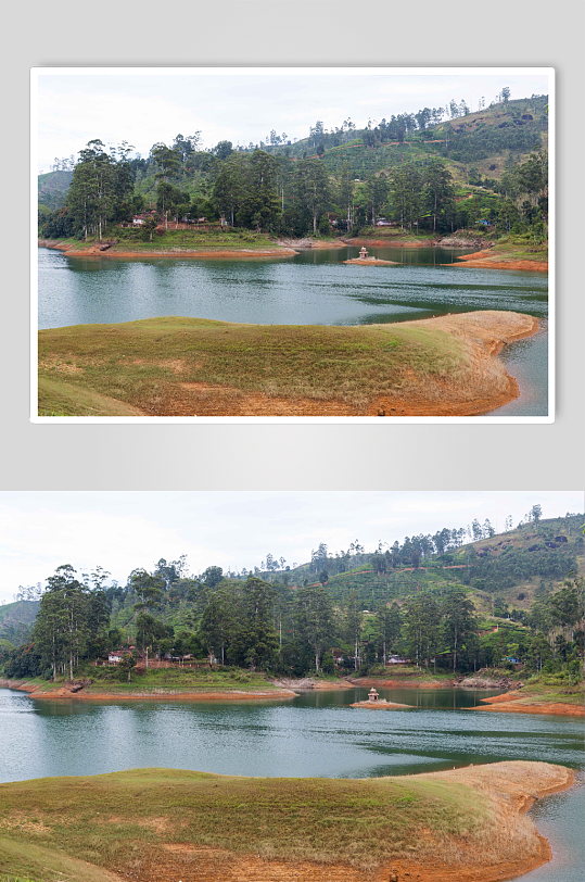 陆地山丘湖泊河流的景观图片