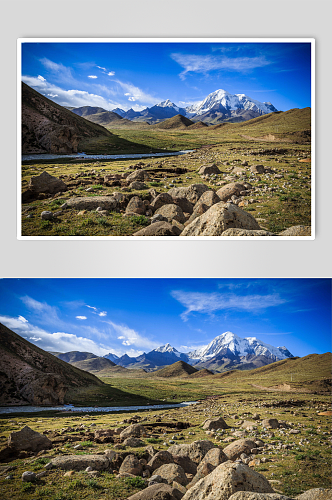 西藏高原蓝天白云与雪山摄影图片