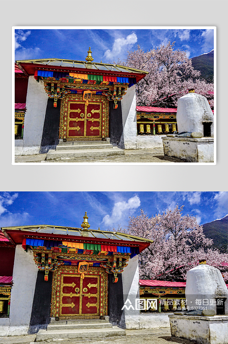 西藏林芝波密寺庙里的桃花摄影图片素材