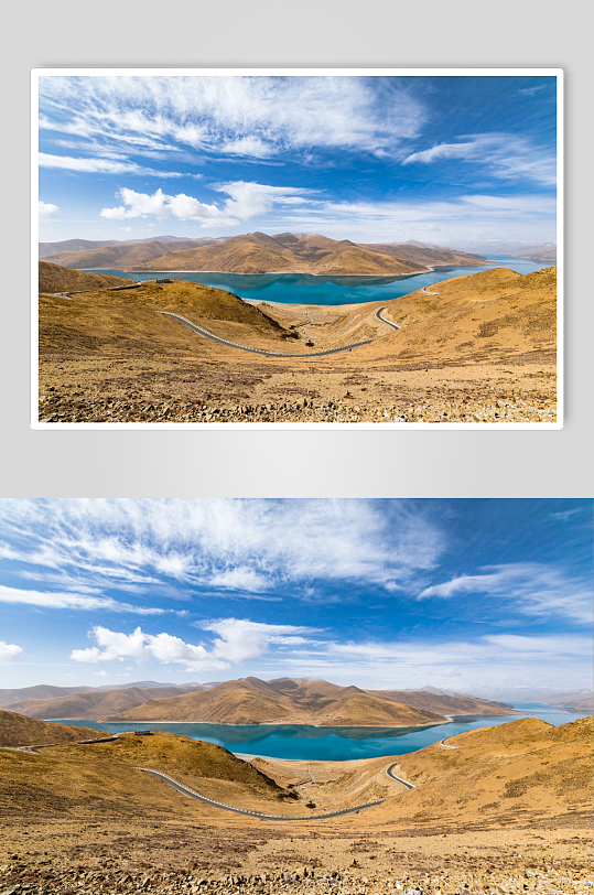 西藏羊湖风景蓝天白云地貌摄影图片