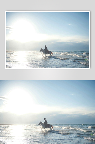 青海湖里骑马的男孩实拍摄影图片