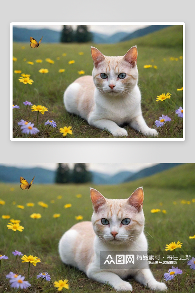 茂密森林中的花海与猫咪素材