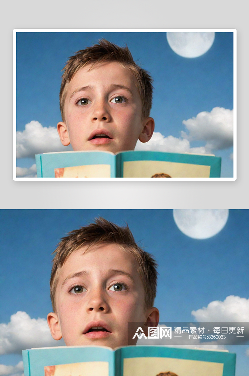 少年惊奇仰望天空的童书封面素材