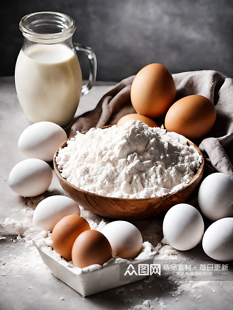 AI数字艺术摄影风一堆面粉鸡蛋牛奶素材