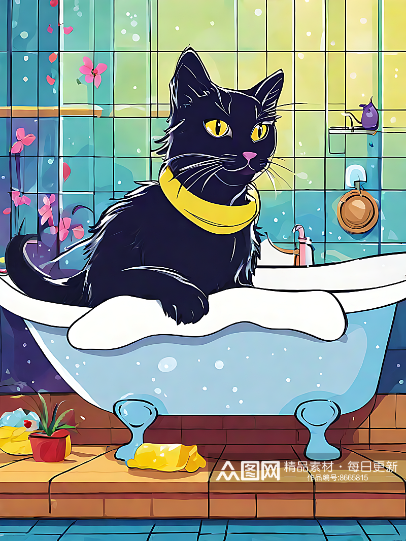 坐在浴缸里的猫卡通插画AI数字艺术素材