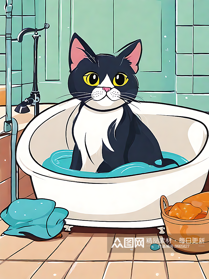 坐在浴缸里的猫卡通插画AI数字艺术素材