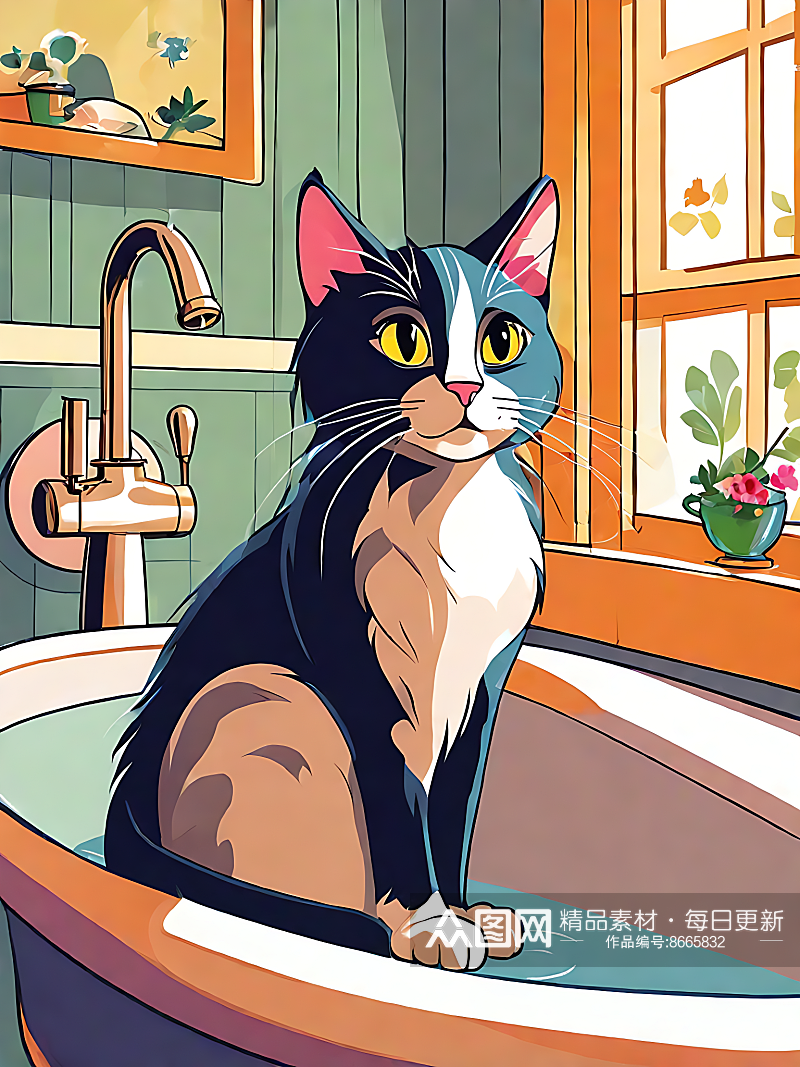 坐在浴缸里的猫卡通插画AI数字艺术素材