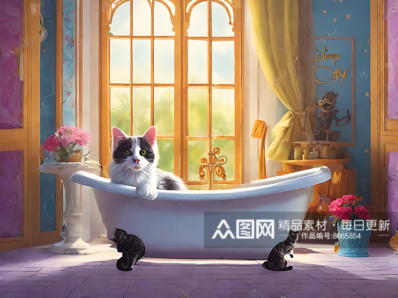 AI数字艺术坐在浴缸里的猫卡通插画素材