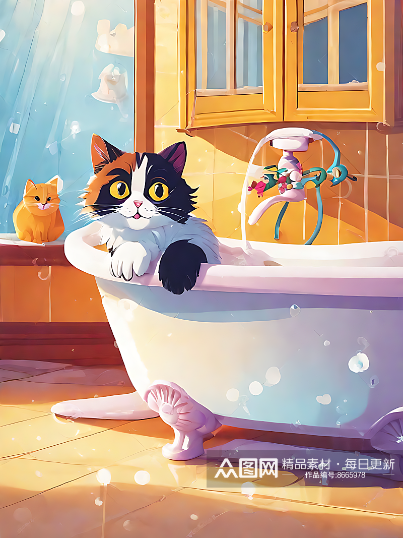 AI数字艺术坐在浴缸里的猫卡通插画素材