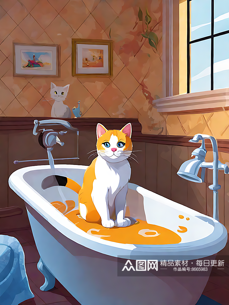 AI数字艺术坐在浴缸里的猫卡通插画素材