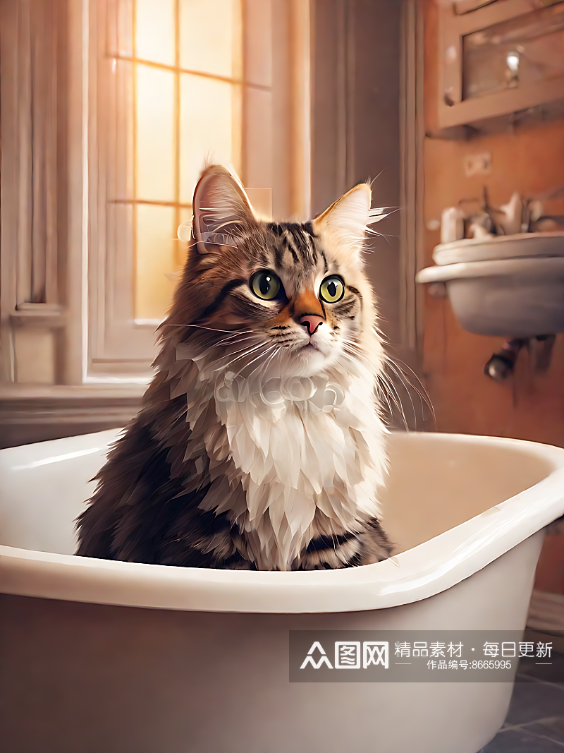 写实风坐在浴缸里的猫AI数字艺术素材