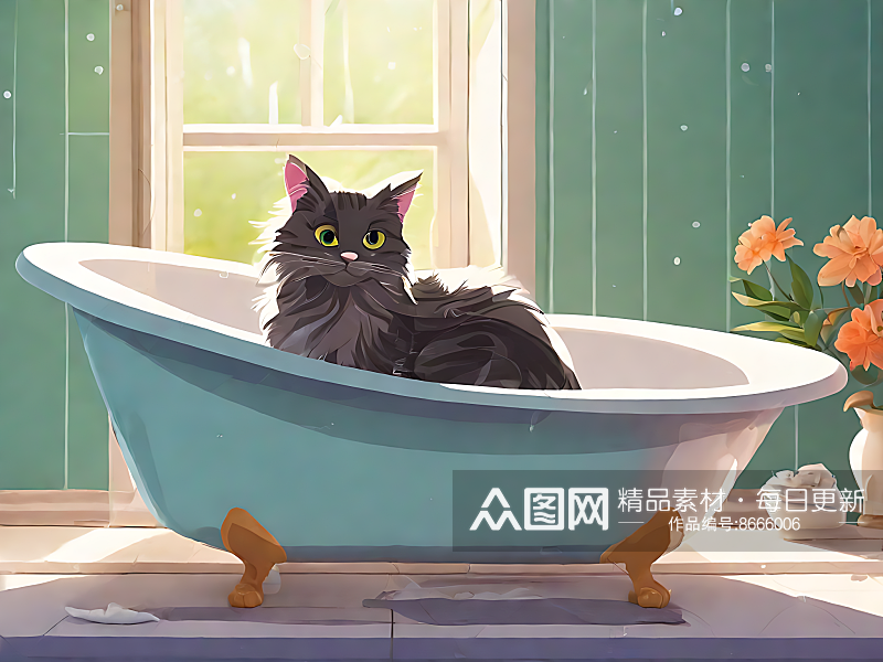 坐在浴缸里的猫卡通插画AI数字艺术素材