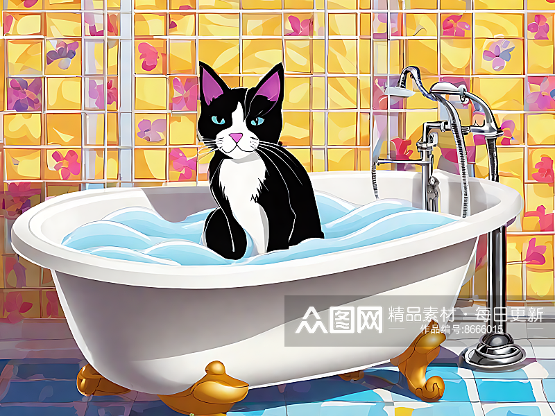 坐在浴缸里的猫卡通插画AI数字艺术素材