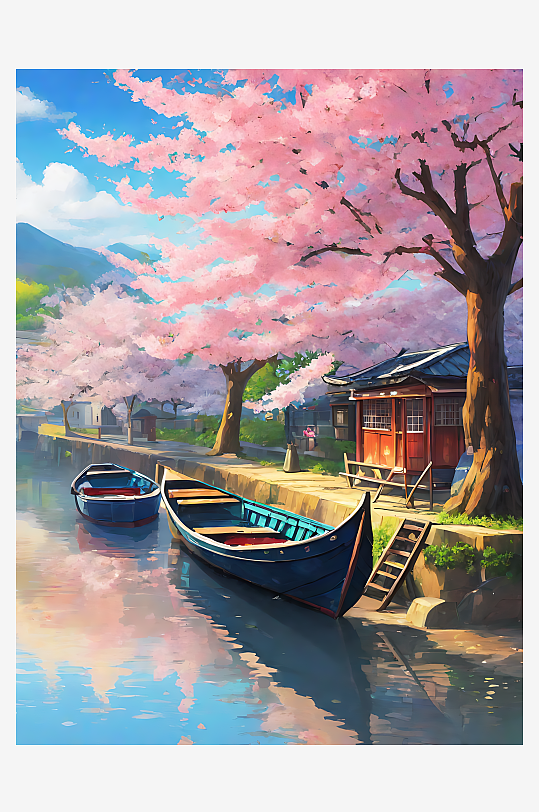 动漫风春天樱花树下的河边小船AI数字艺术