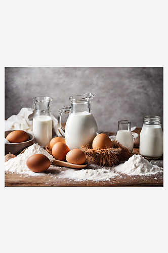 AI数字艺术摄影风一堆面粉鸡蛋牛奶