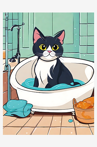 坐在浴缸里的猫卡通插画AI数字艺术