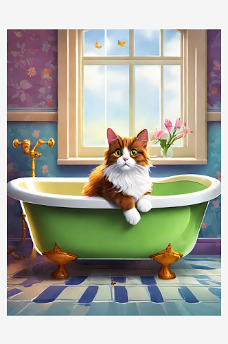 AI数字艺术坐在浴缸里的猫卡通插画