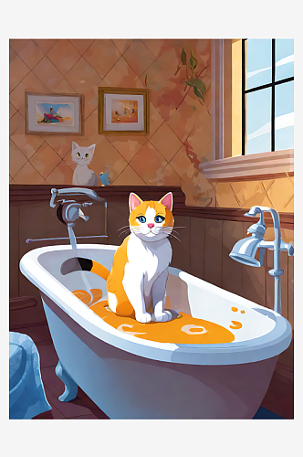 AI数字艺术坐在浴缸里的猫卡通插画