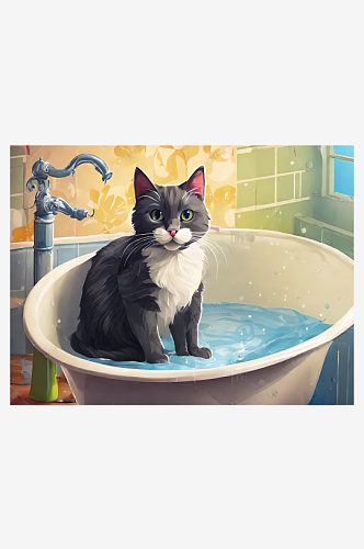 坐在浴缸里的猫卡通插画AI数字艺术