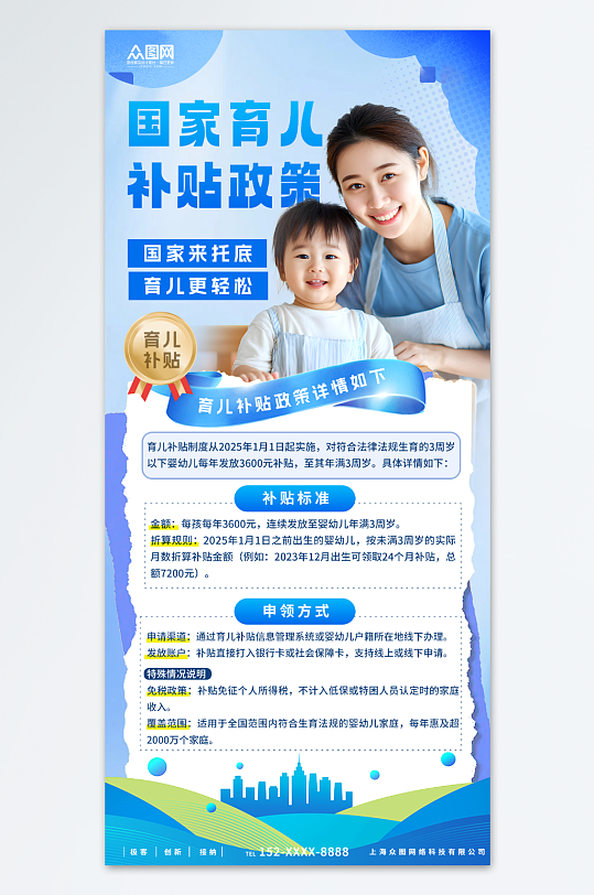 蓝色国家育儿补贴政策海报