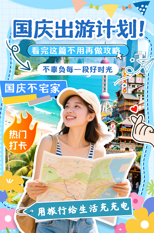 蓝色创意十一国庆节小红书封面海报