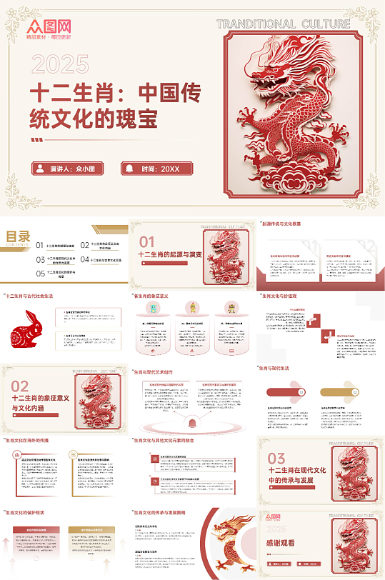 红色十二生肖中国传统文化介绍PPT