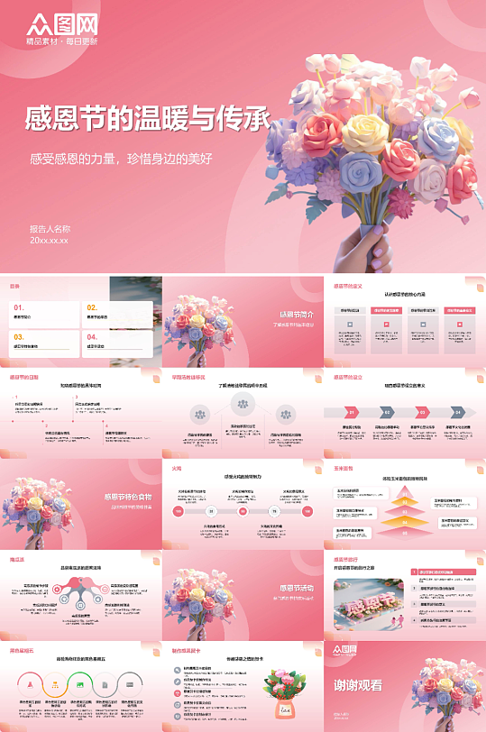 粉色感恩节感恩主题PPT模板2-众图网