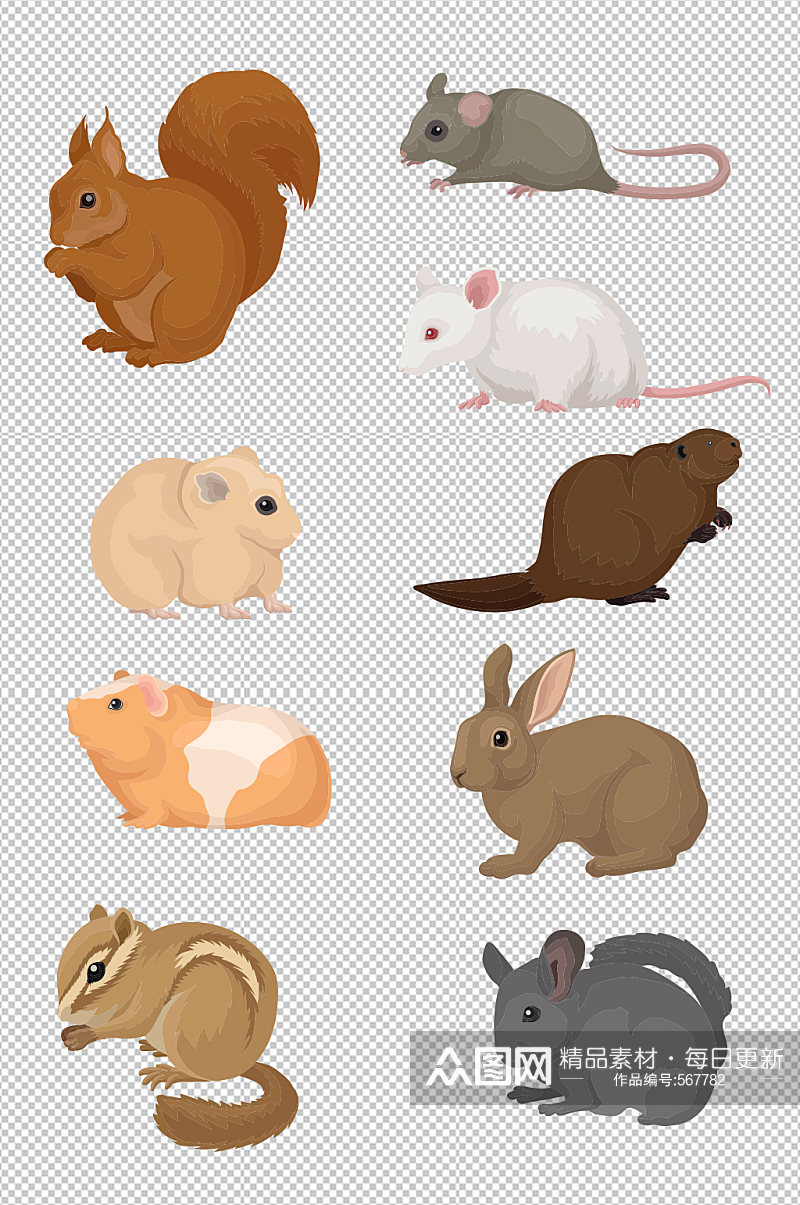 卡通水彩动物兔子老鼠松鼠元素素材
