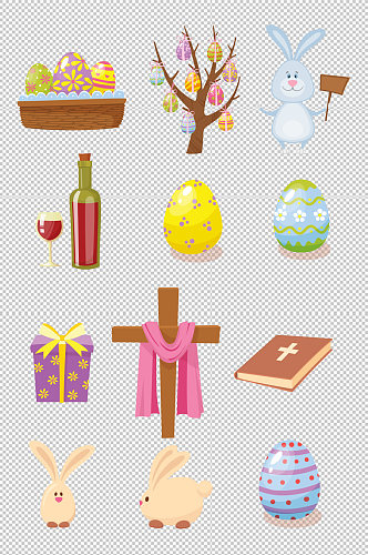 复活节手绘彩蛋兔子素材 元素