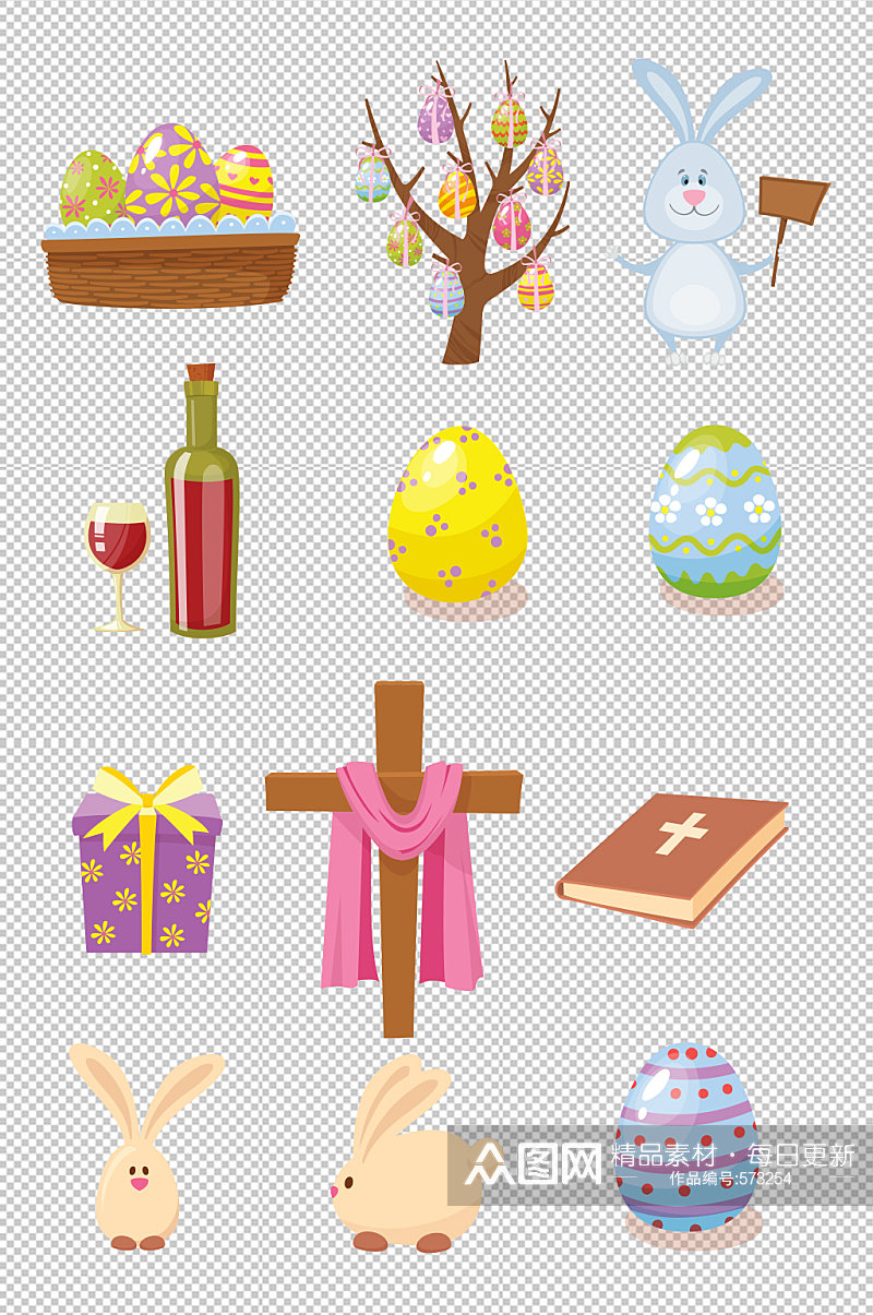 复活节手绘彩蛋兔子素材 元素素材