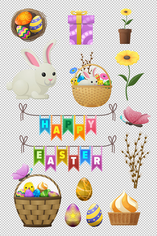 复活节手绘彩蛋兔子素材 元素